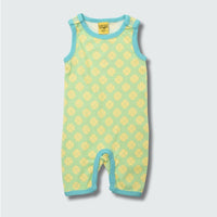 Clover print play suit romper in green ash with capri blue trim, DUNS Sweden – rompers suit, infant clothes unisex