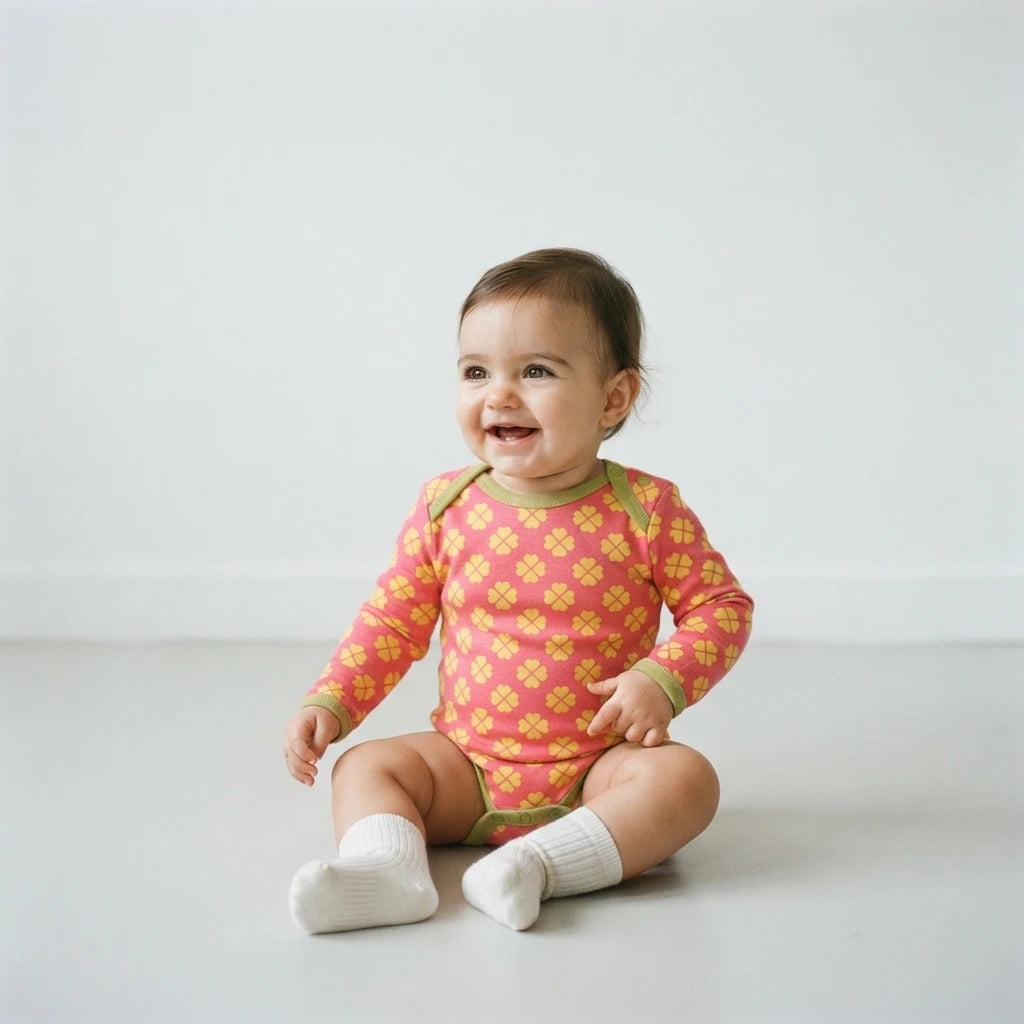 A smiling baby sitting on a light gray floor against a white wall, wearing a pink long-sleeve bodysuit with a yellow floral pattern and green trim, paired with white socks.