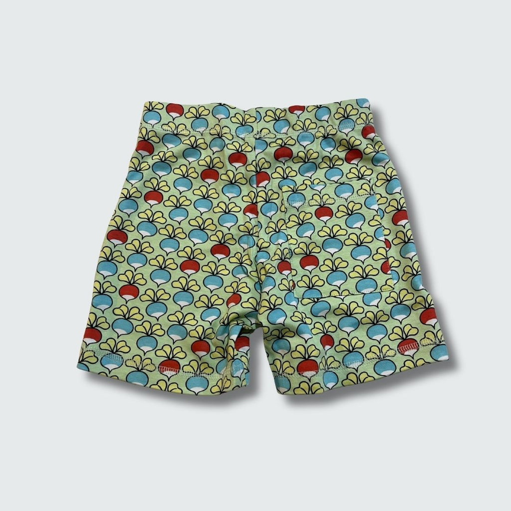 Multi radish print short pants in green ash, DUNS Sweden – summer clothes newborn, infant clothes unisex