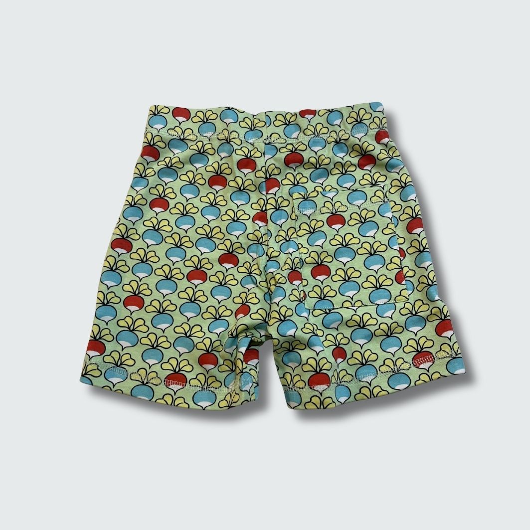 Multi radish print short pants in green ash, DUNS Sweden – summer clothes newborn, infant clothes unisex