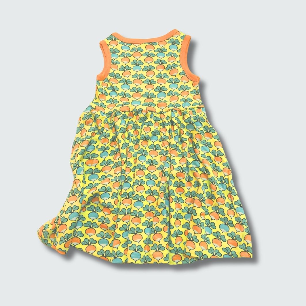 Multi radish print sleeveless gather dress in yellow cream with radiant yellow trim, DUNS Sweden – toddler dress, infant clothes unisex
