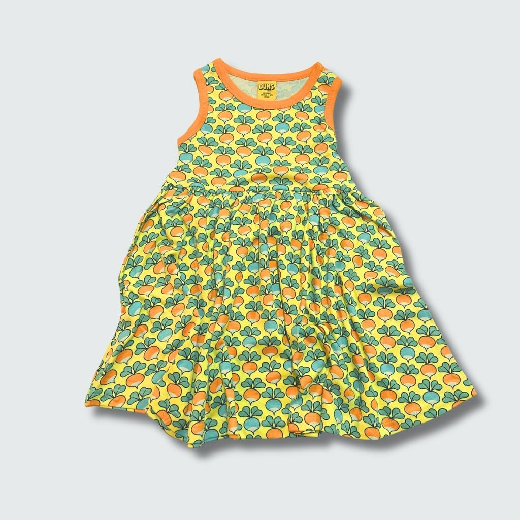 Multi radish print sleeveless gather dress in yellow cream with radiant yellow trim, DUNS Sweden – toddler dress, infant clothes unisex