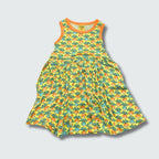 Multi radish print sleeveless gather dress in yellow cream with radiant yellow trim, DUNS Sweden – toddler dress, infant clothes unisex