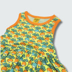 Multi radish print sleeveless gather dress in yellow cream with radiant yellow trim, DUNS Sweden – toddler dress, infant clothes unisex