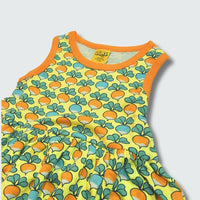Multi radish print sleeveless gather dress in yellow cream with radiant yellow trim, DUNS Sweden – toddler dress, infant clothes unisex