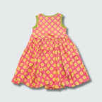 Clover print sleeveless gather dress in hot pink with bright chartreuse green trim, DUNS Sweden – toddler dress, infant clothes unisex