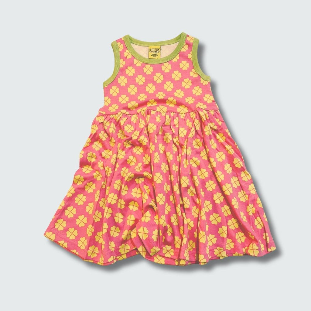 Clover print sleeveless gather dress in hot pink with bright chartreuse green trim, DUNS Sweden – toddler dress, infant clothes unisex