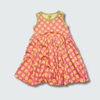 Clover print sleeveless gather dress in hot pink with bright chartreuse green trim, DUNS Sweden – toddler dress, infant clothes unisex
