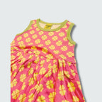 Clover print sleeveless gather dress in hot pink with bright chartreuse green trim, DUNS Sweden – toddler dress, infant clothes unisex