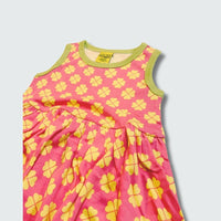 Clover print sleeveless gather dress in hot pink with bright chartreuse green trim, DUNS Sweden – toddler dress, infant clothes unisex