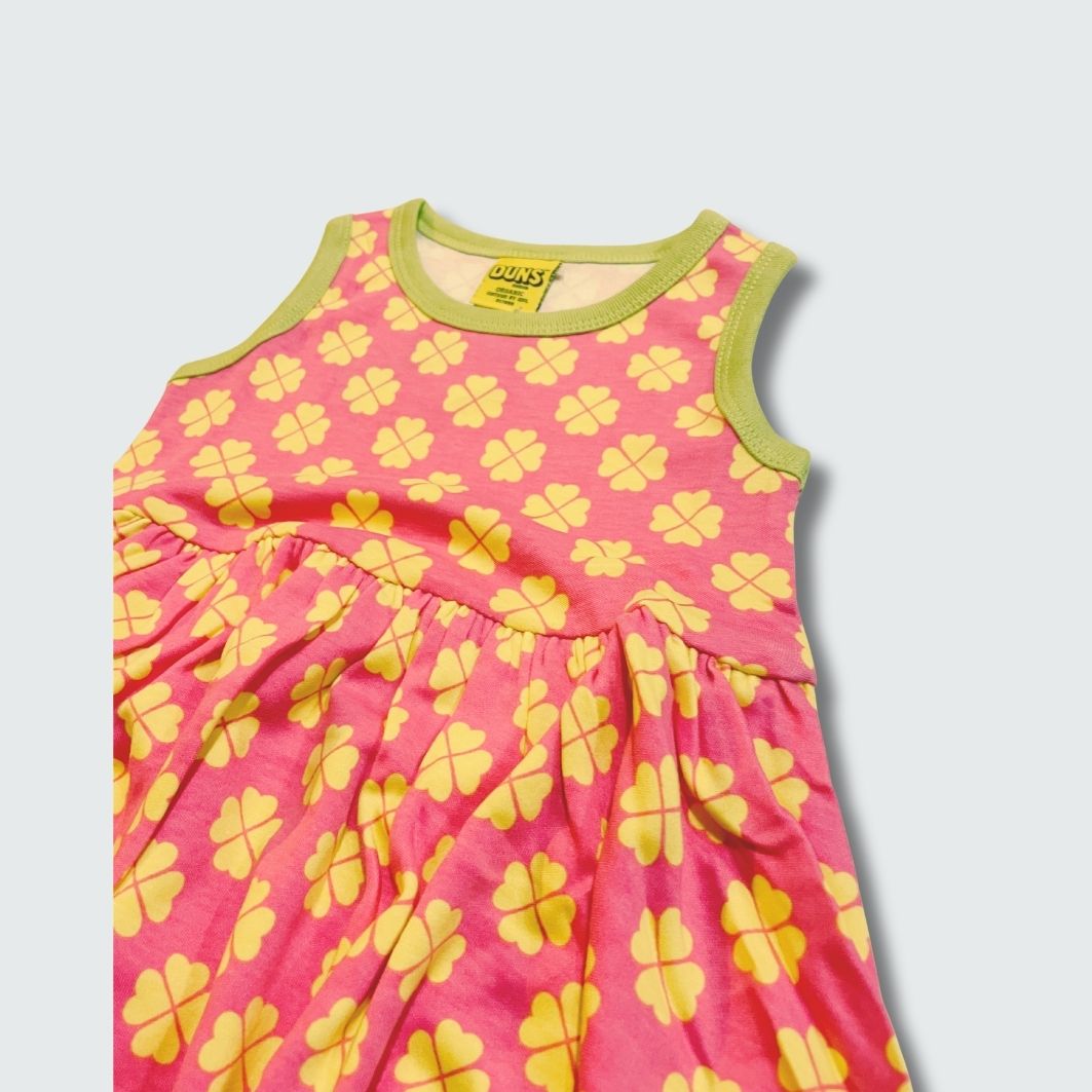 Clover print sleeveless gather dress in hot pink with bright chartreuse green trim, DUNS Sweden – toddler dress, infant clothes unisex