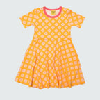 Clover print short sleeve skater dress in radiant yellow with hot pink trim, DUNS Sweden – toddler dresses, infant clothes unisex