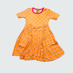 Clover print short sleeve skater dress in radiant yellow with hot pink trim, DUNS Sweden – toddler dresses, infant clothes unisex