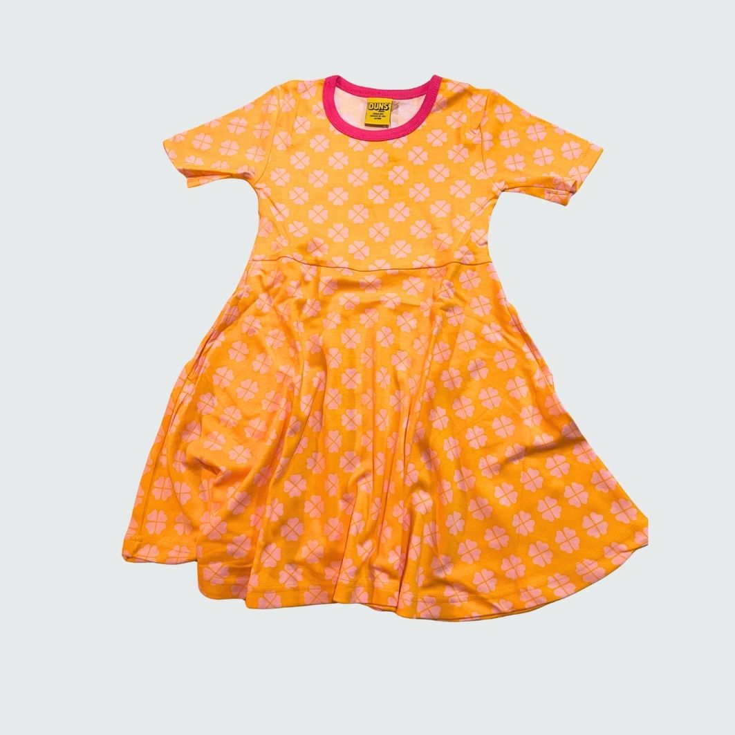 Clover print short sleeve skater dress in radiant yellow with hot pink trim, DUNS Sweden – toddler dresses, infant clothes unisex