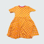 Clover print short sleeve skater dress in radiant yellow with hot pink trim, DUNS Sweden – toddler dresses, infant clothes unisex