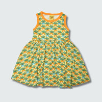 Multi radish print sleeveless gather dress in yellow cream with radiant yellow trim, DUNS Sweden – toddler dress, infant clothes unisex