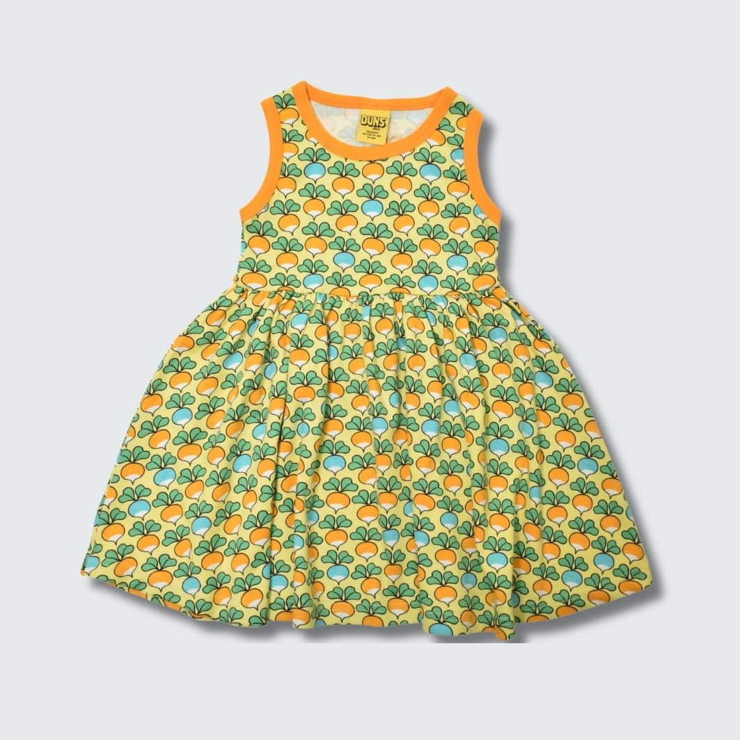 Multi radish print sleeveless gather dress in yellow cream with radiant yellow trim, DUNS Sweden – toddler dress, infant clothes unisex