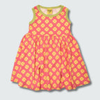 Clover print sleeveless gather dress in hot pink with bright chartreuse green trim, DUNS Sweden – toddler dress, infant clothes unisex