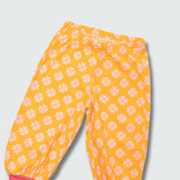 Clover print baggy pants leggings in radiant yellow with hot pink trim, DUNS Sweden – toddler leggings, infant clothes unisex
