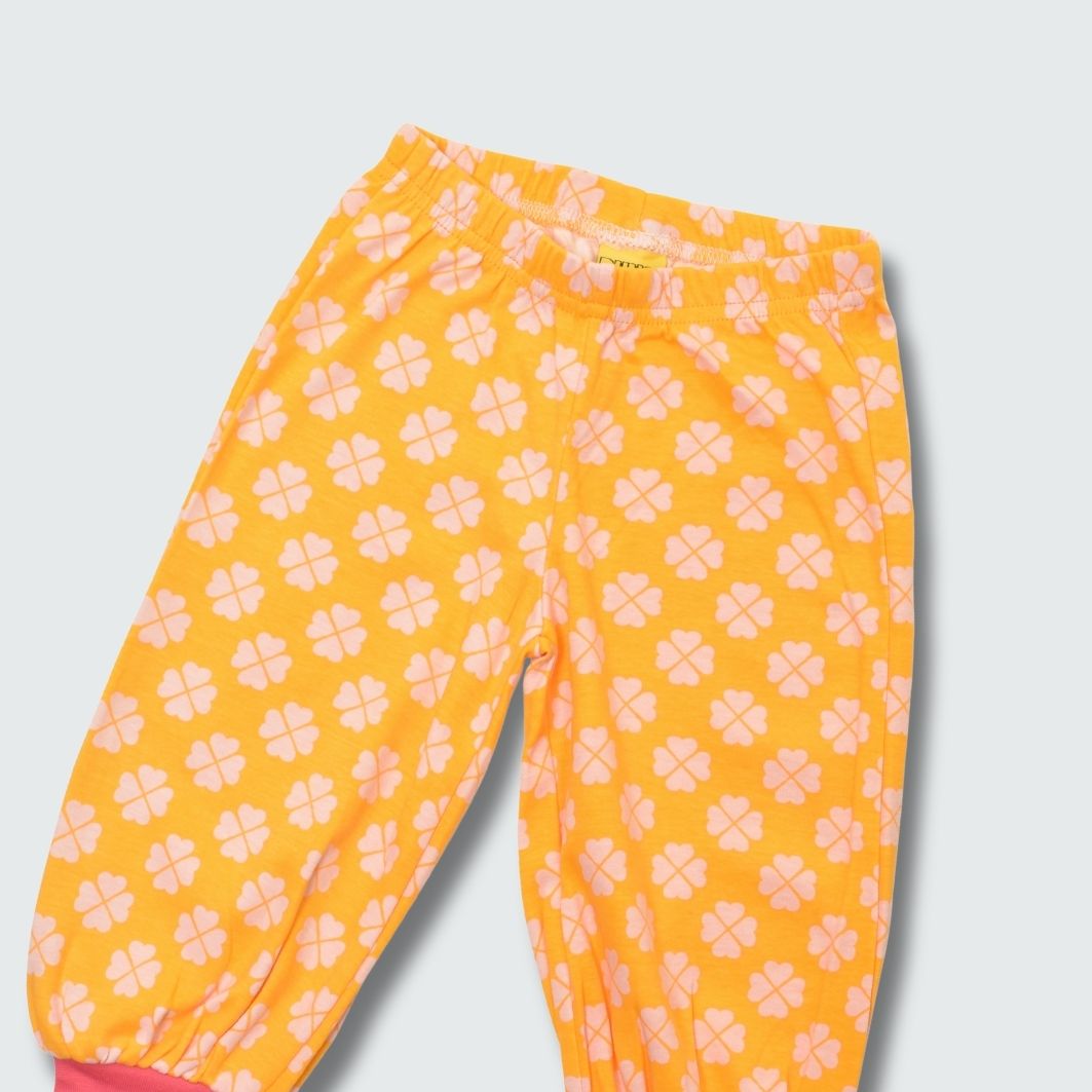 Clover print baggy pants leggings in radiant yellow with hot pink trim, DUNS Sweden – toddler leggings, infant clothes unisex