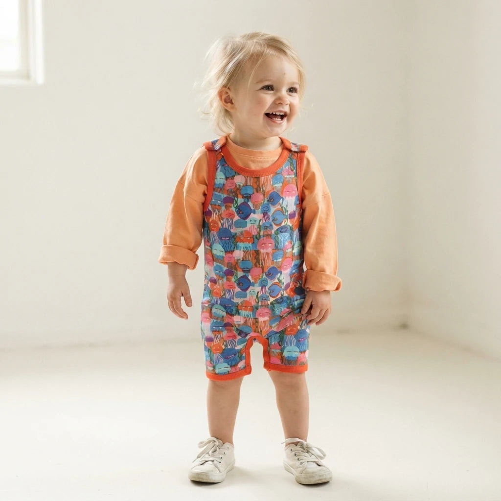 A toddler standing in a bright, minimalist white room, wearing a colorful balloon-print overall romper with orange long sleeves and white sneakers.