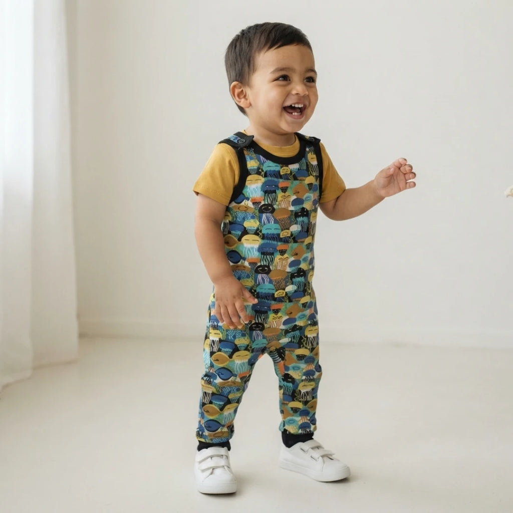 Toddler boy wearing baby dungarees