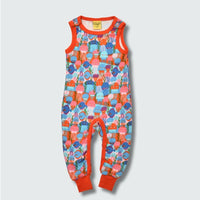 Unisex jellyfish print romper dungaree in red with orange trim, DUNS Sweden – unisex newborn clothes, rompers suit