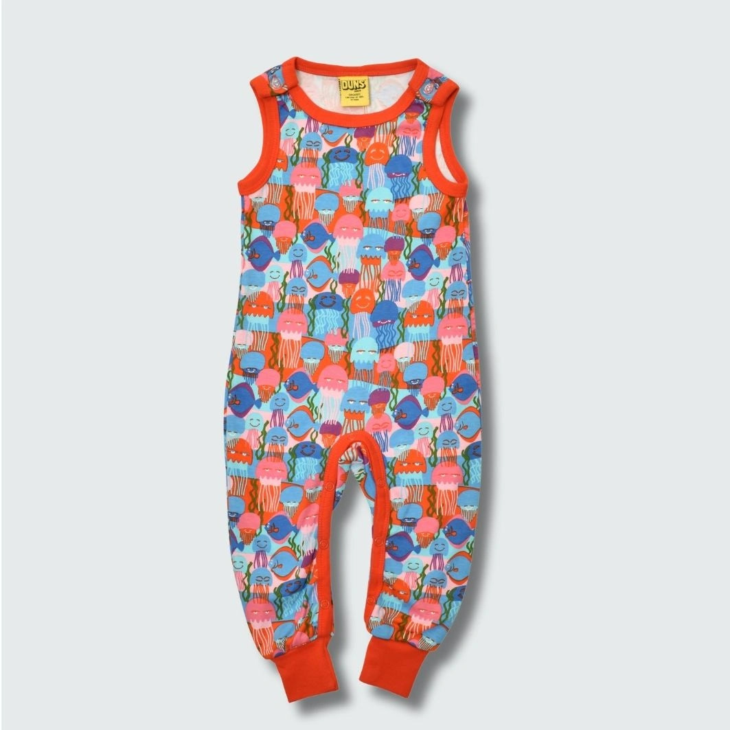 Unisex jellyfish print romper dungaree in red with orange trim, DUNS Sweden – unisex newborn clothes, rompers suit