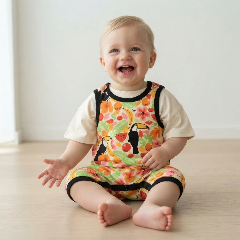 A smiling baby sitting on a light wood floor wearing a colorful tropical print bib over a cream short-sleeve shirt. The bib features a vibrant pattern of toucans, fruits, and leaves with black trim.