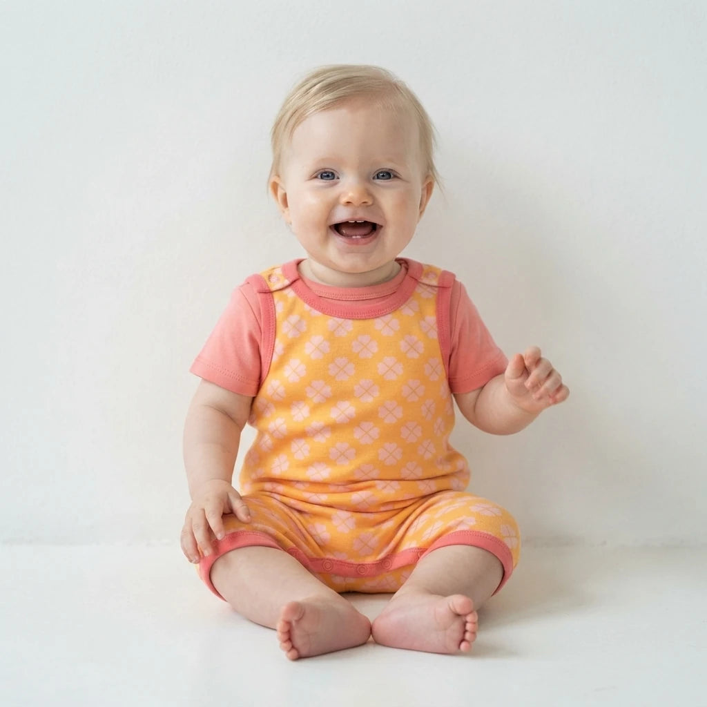 A smiling baby sitting on a white floor against a white wall, wearing a yellow and pink patterned romper with solid pink sleeves.
