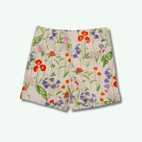 Floral patterned shorts on a light gray background