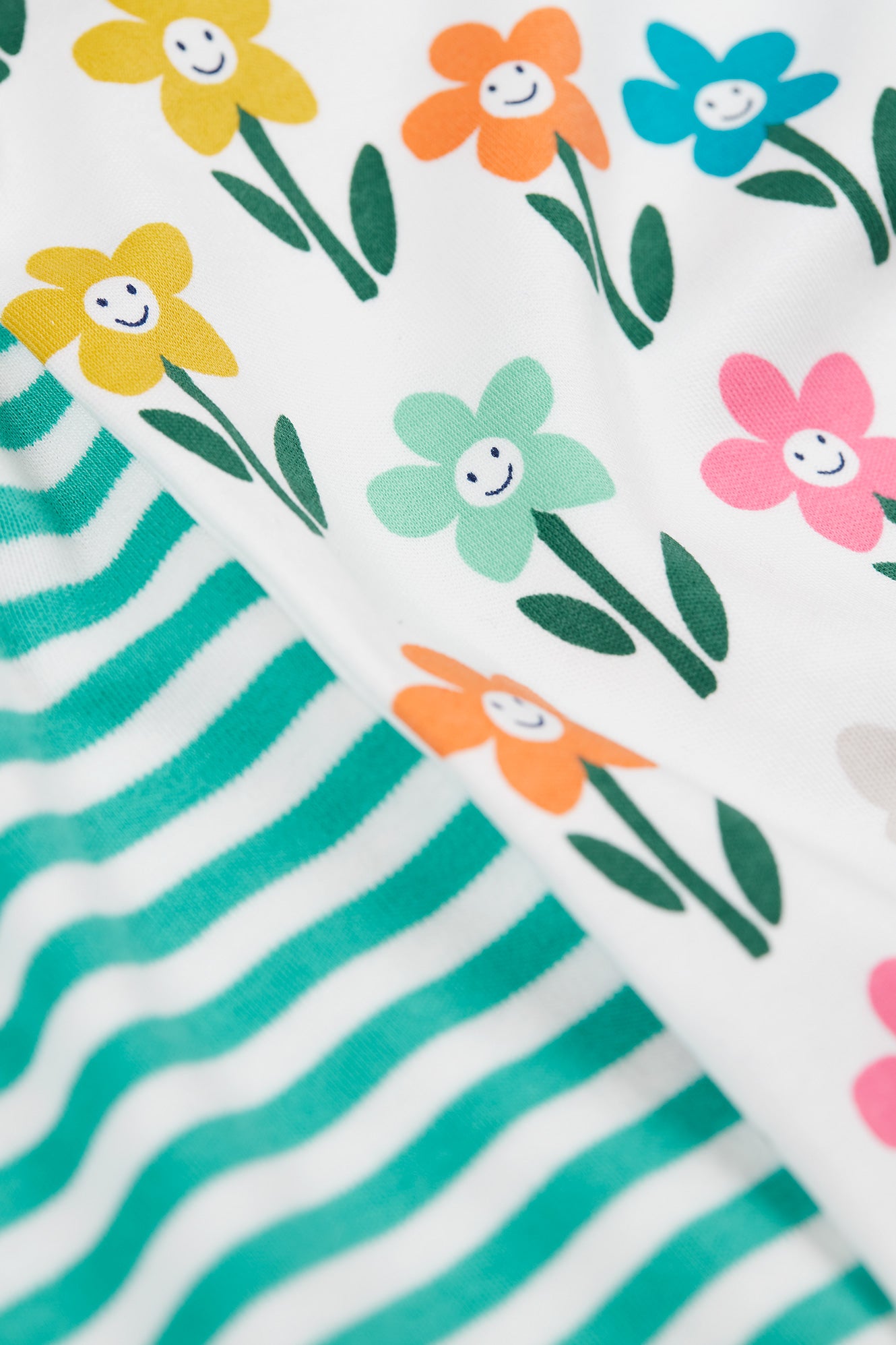 Floral pattern with smiley faces on a white background