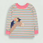Children's dress with striped pattern and horse applique on a light gray background