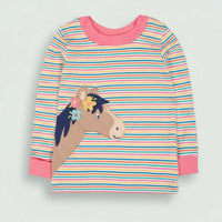Children's dress with striped pattern and horse applique on a light gray background
