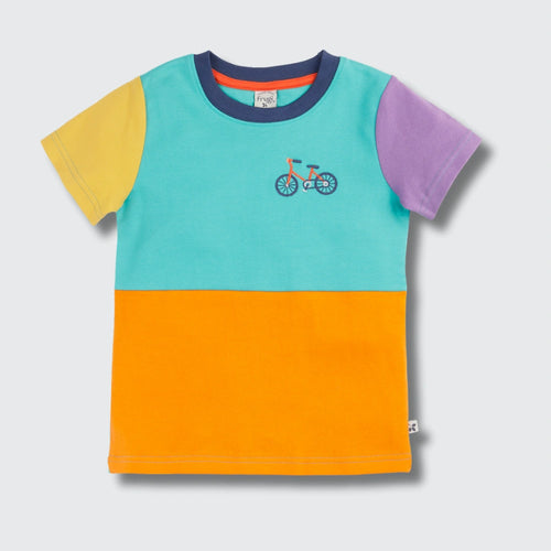Color-blocked t-shirt with a bicycle design on a white background