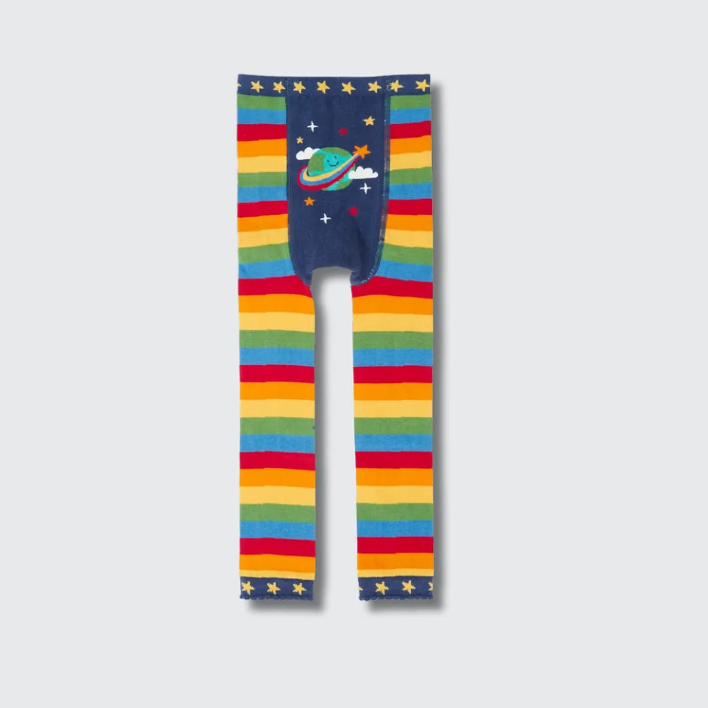 Back of the Frugi Little Knitted Leggings in rainbow stripe with a navy panel and smiling planet on the bottom