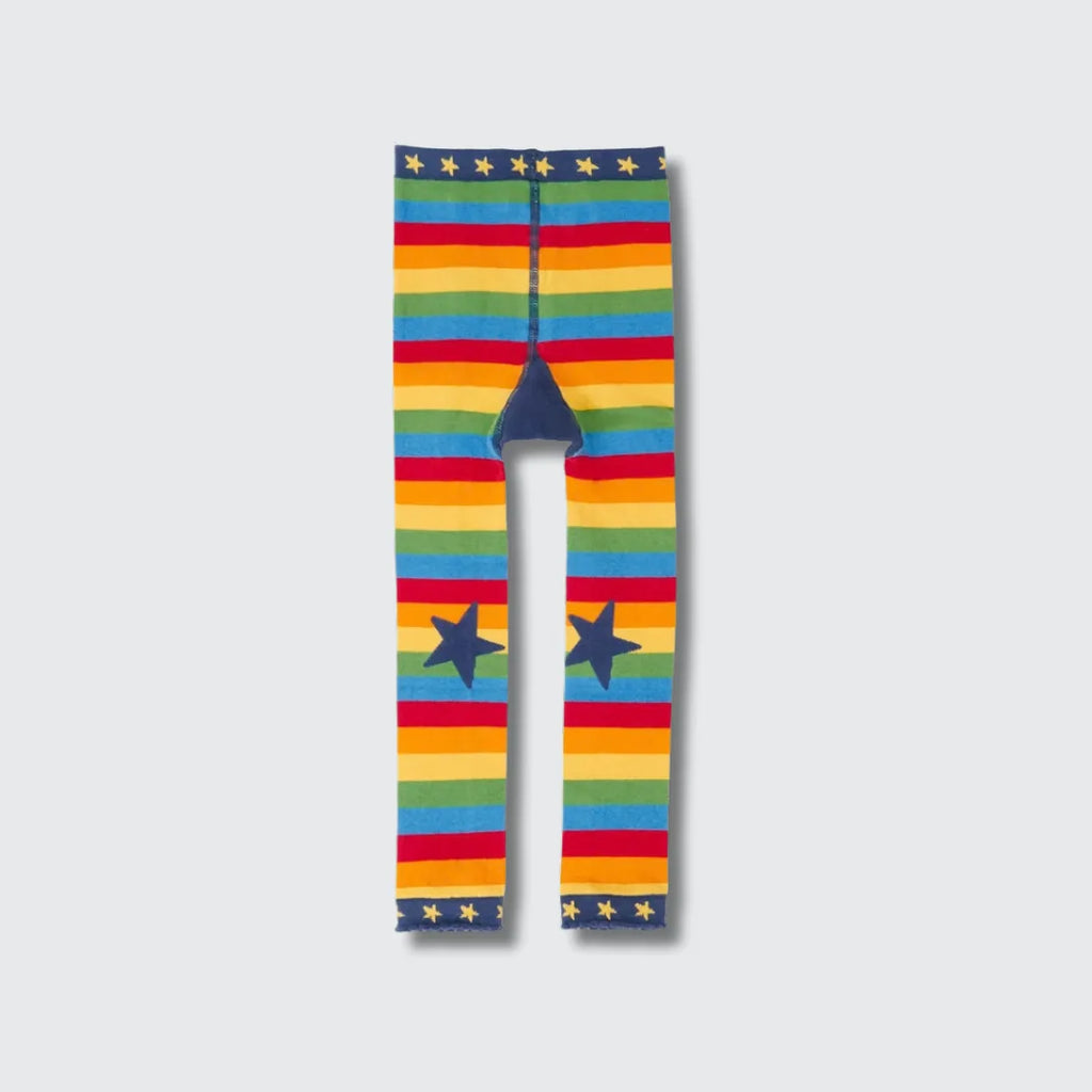 Front of the Frugi Little Knitted Leggings in rainbow stripe with navy star patches on the knees
