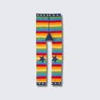 Front of the Frugi Little Knitted Leggings in rainbow stripe with navy star patches on the knees