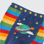 Close-up of the smiling ringed planet, stars and clouds knitted into the navy back panel