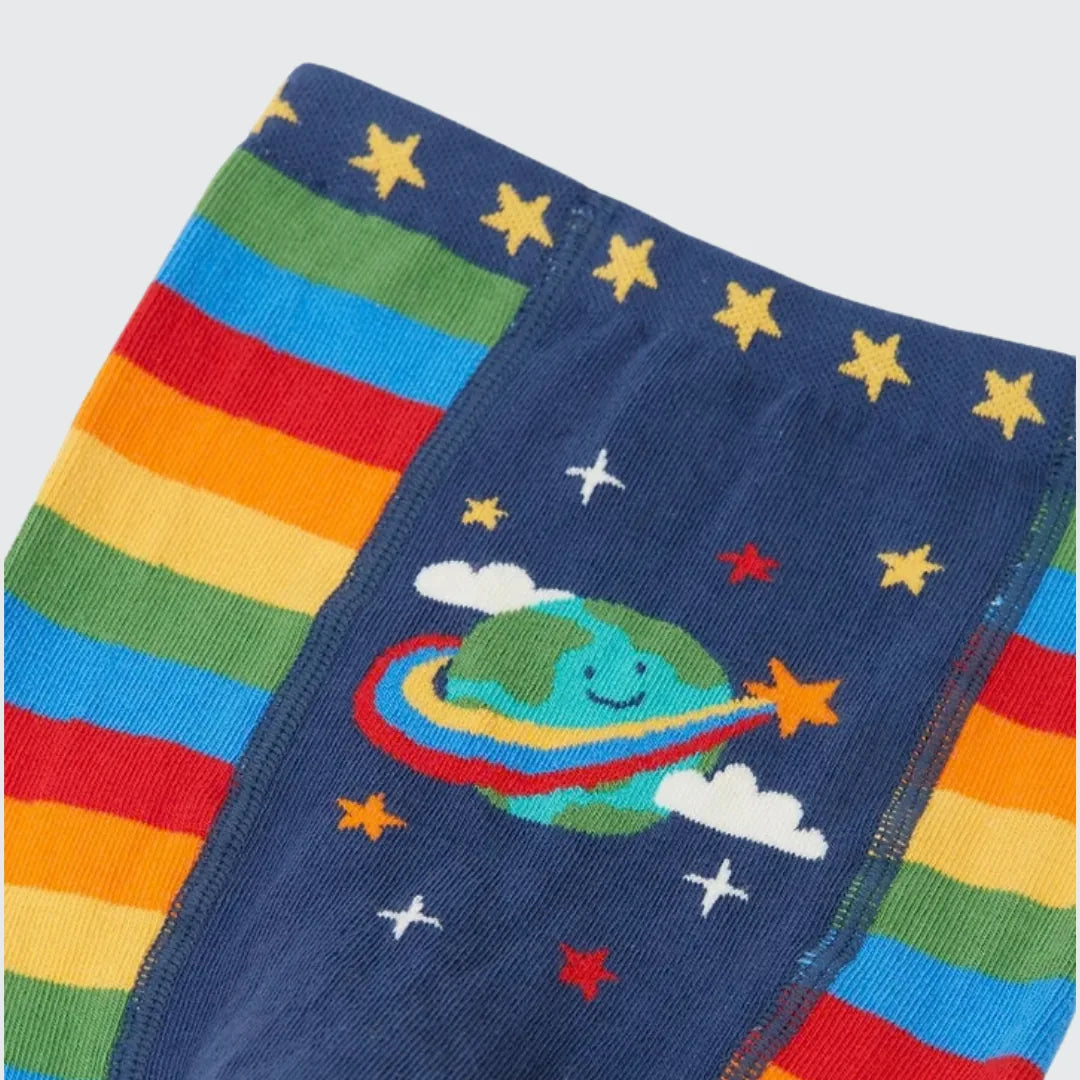 Close-up of the smiling ringed planet, stars and clouds knitted into the navy back panel