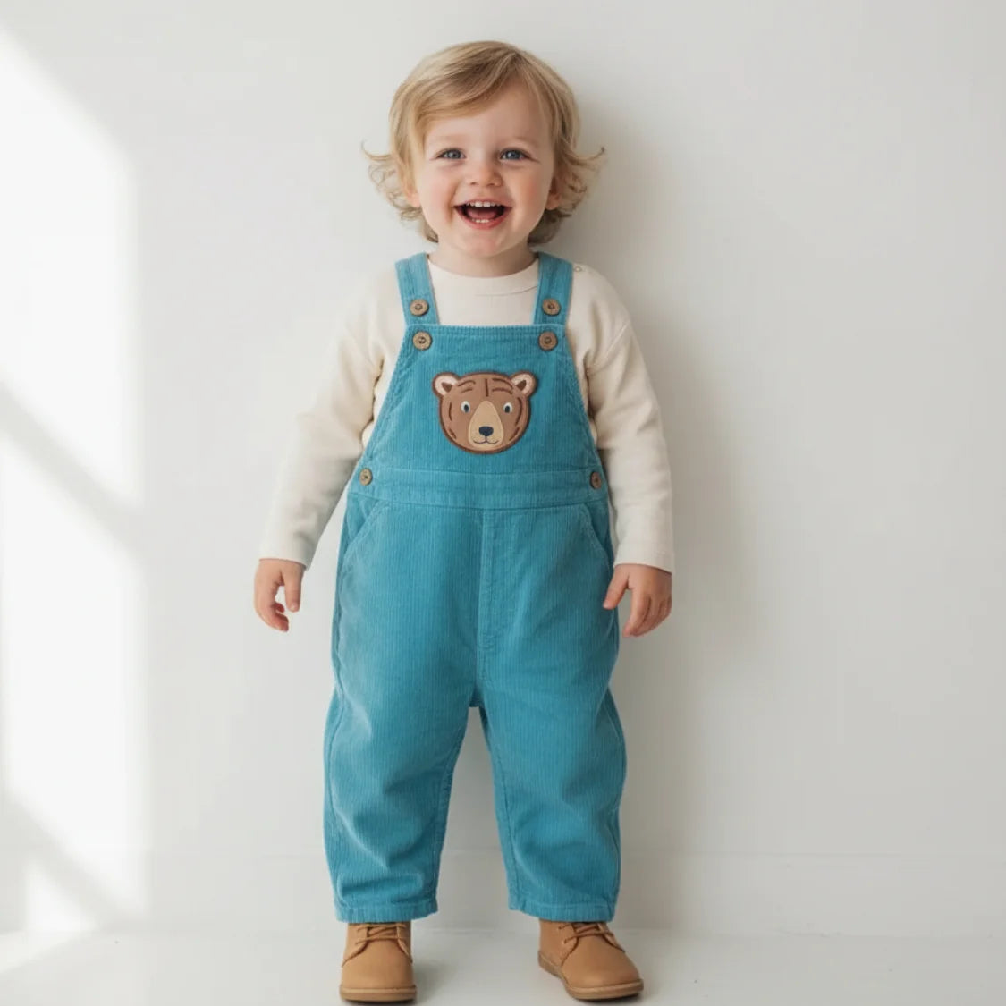 Child wearing blue overalls with a bear patch on a white background