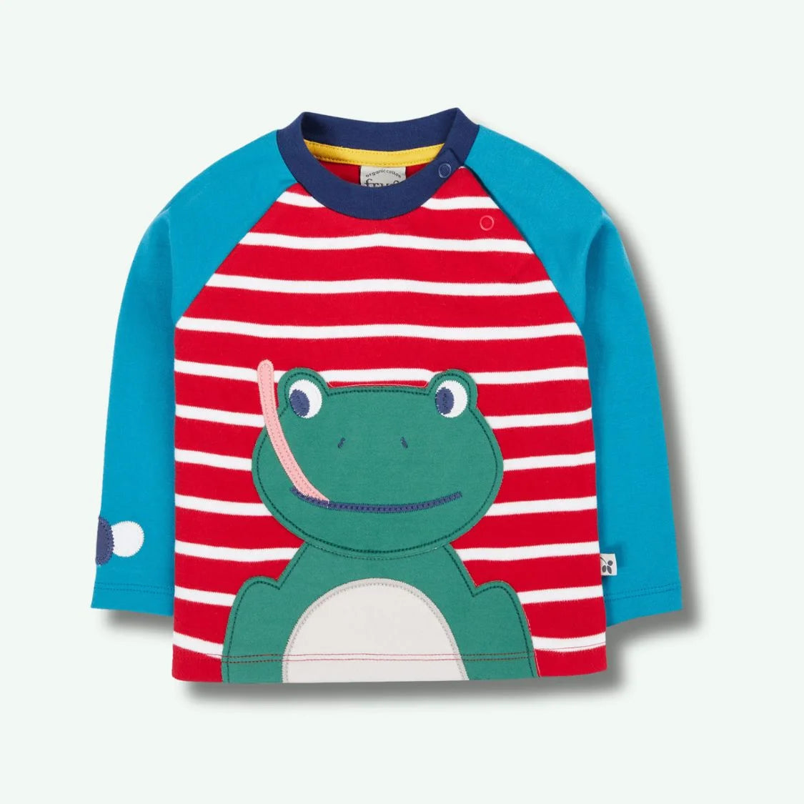 Children's long-sleeve shirt with red and white stripes and a green dinosaur design on a light gray background.
