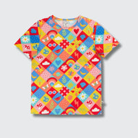 Colorful children's t-shirt with geometric pattern on a white background