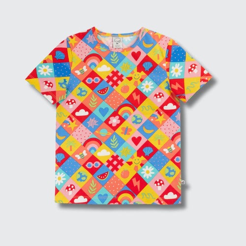 Colorful children's t-shirt with geometric pattern on a white background