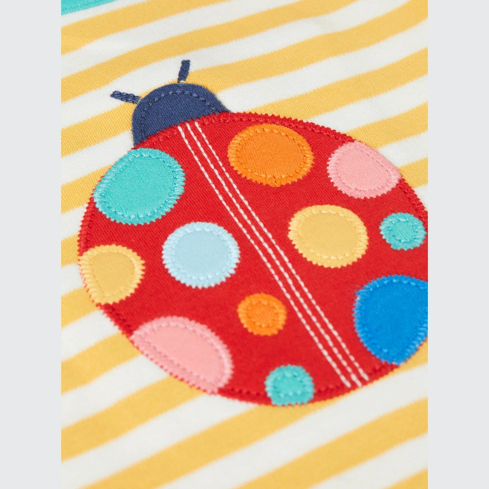 Colorful ladybug patch on a striped fabric background