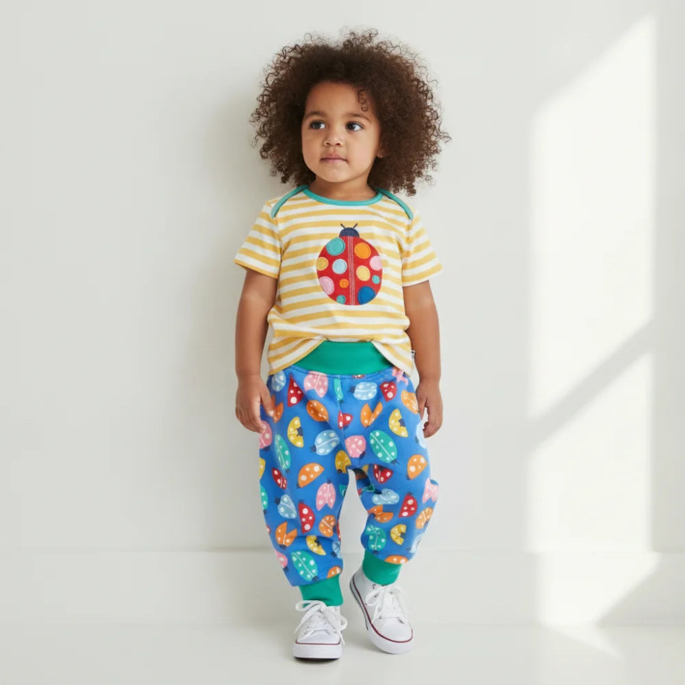 Child wearing a striped shirt with a ladybug design and colorful pants on a white background