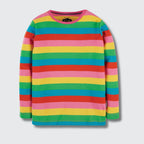 Colorful striped sweater with a brand label on a light gray background