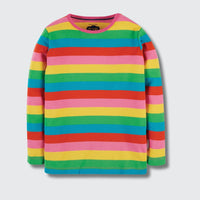 Colorful striped sweater with a brand label on a light gray background