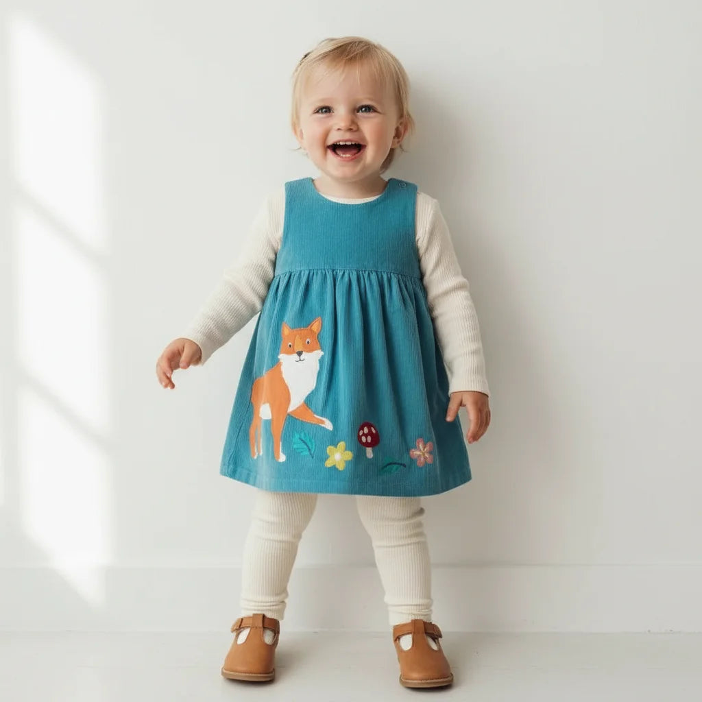 Child wearing a blue dress with fox design on a white background