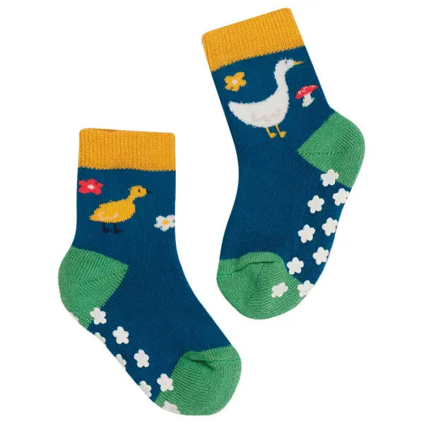 Frugi Organic Grippy Socks - Fjord Green/Geese - 6 months - Socks